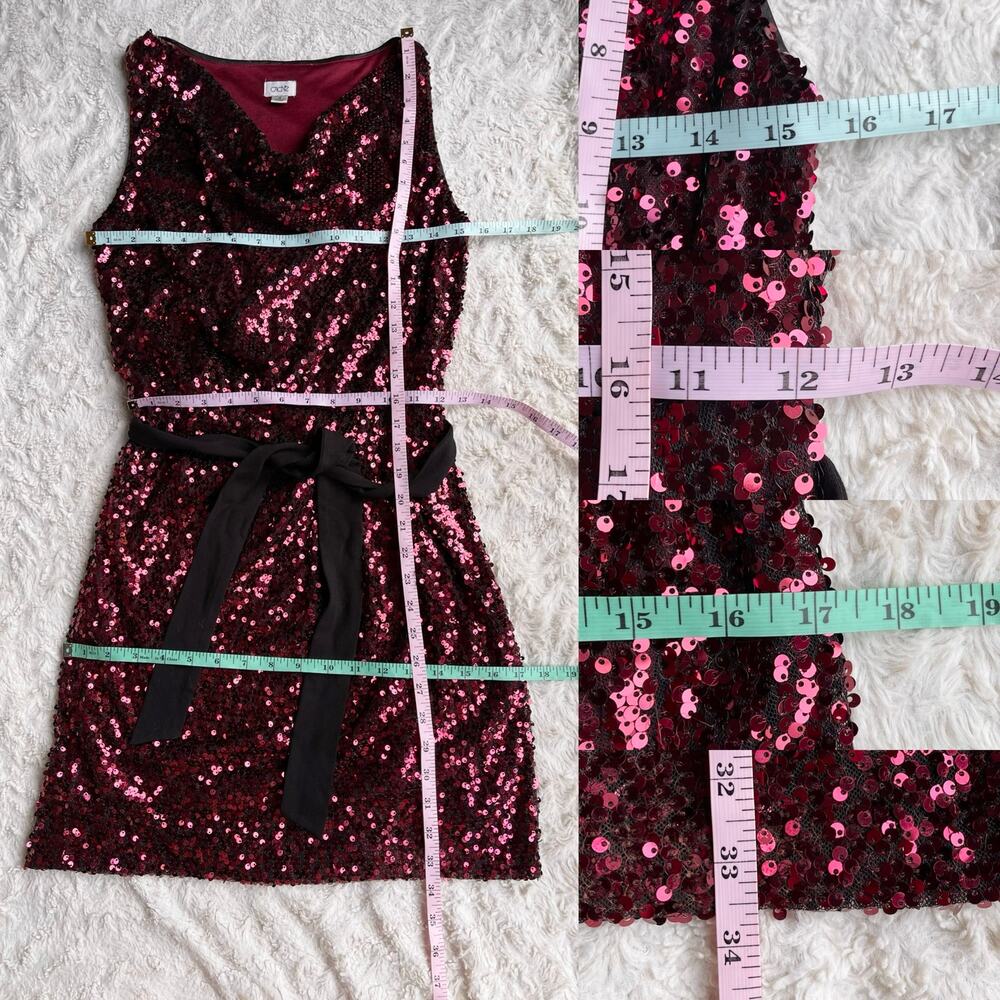 Cache ruby red sequin mini dress cowl neck cocktail evening tie belt formal prom - Picture 5 of 14